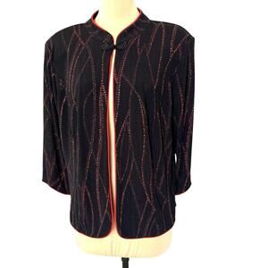 TanJay Dinner Jacket Medium Open Front Red Black Glitter Party Cocktail Evening